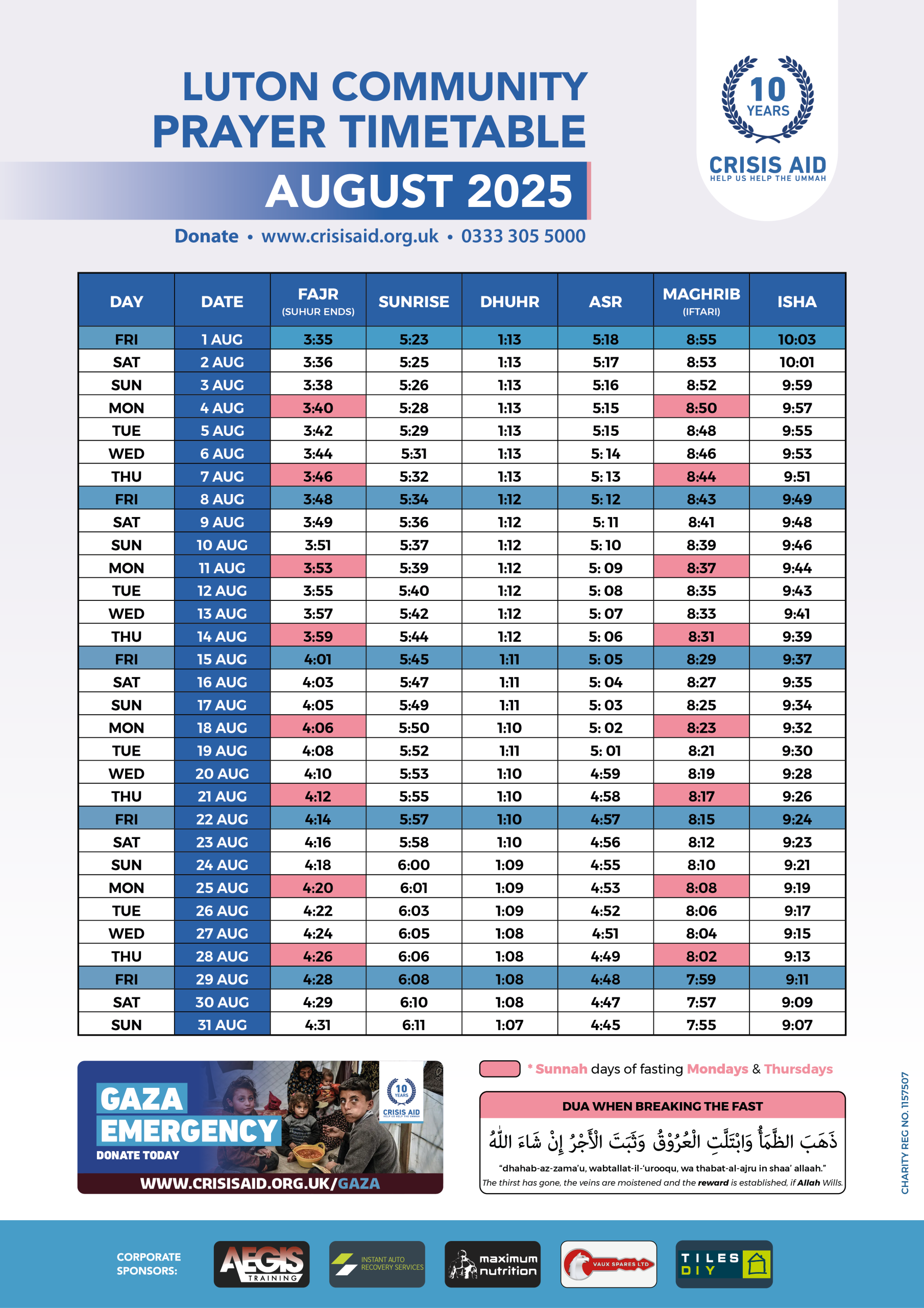 Luton Prayer Times 1 CA Luton Prayer Timetable AUG 2025 scaled - Crisis Aid